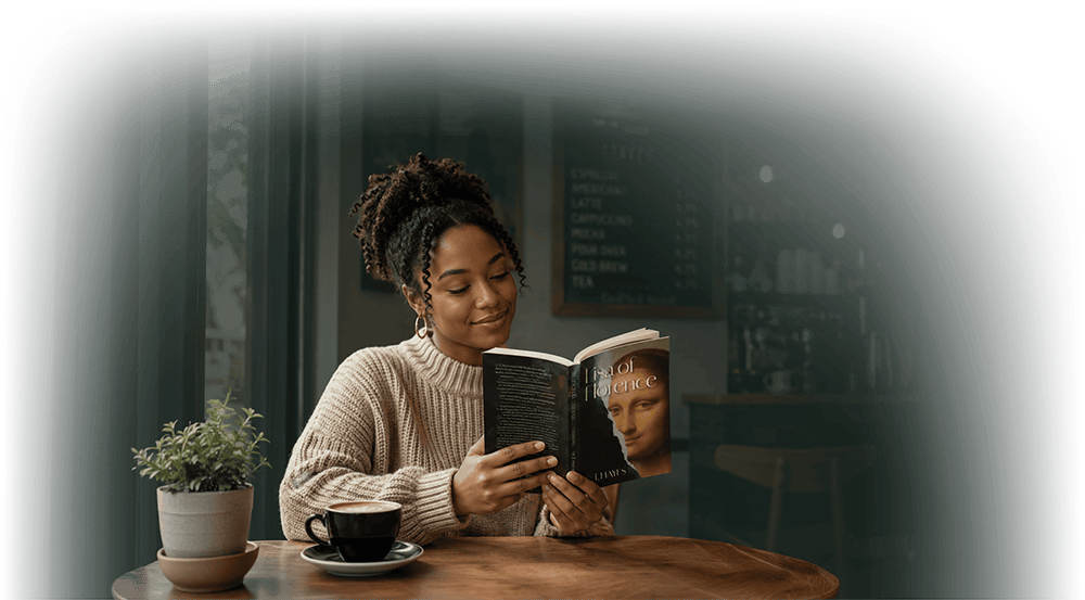 Beautiful woman reading Lisa Of Florence book by Cort Hayes