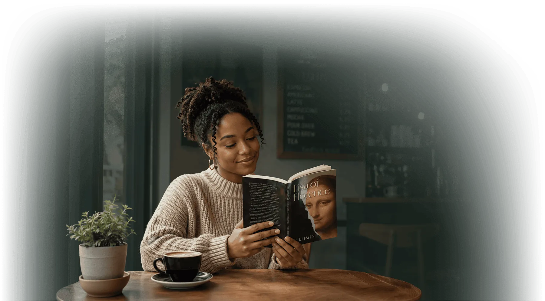Beautiful woman reading Lisa Of Florence book by Cort Hayes